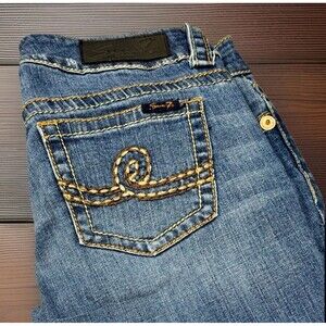 Y2K Seven7 Bootcut Jeans Women Sz 6 Blue Denim Dark Wash Distressed Thick Stitch